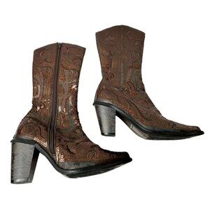 Helens Heart Boots Women 7 Brown Sequins Pointed Toe Zip Up Heeled Boots